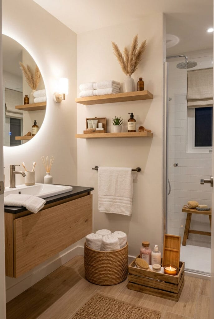 Salle de bain zen avec étagères flottantes, miroir rangement et panier en osier