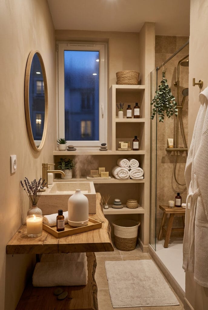 Salle de bain zen avec diffuseur d'huiles essentielles à ultrasons et senteurs de lavande