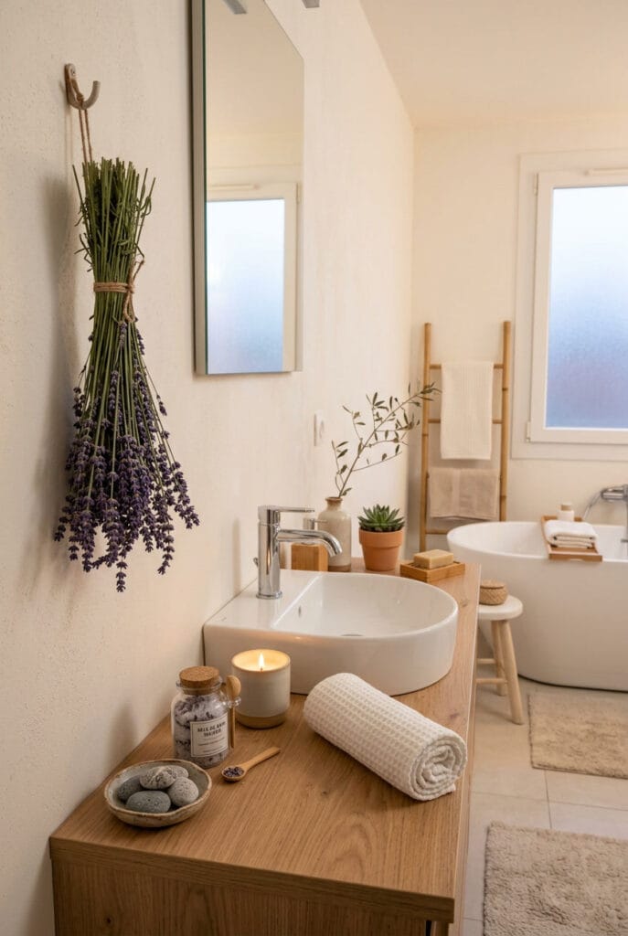 Salle de bain zen avec bouquet de lavande séchée, galets parfumés et sels de bain naturels