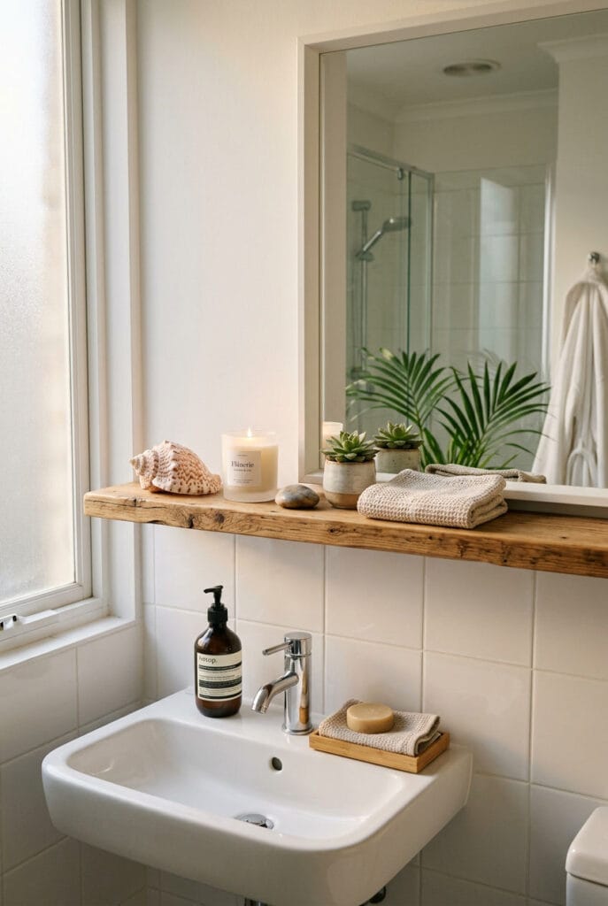 Salle de bain zen avec coquillage souvenir et bougie sur étagère pour une atmosphère personnelle
