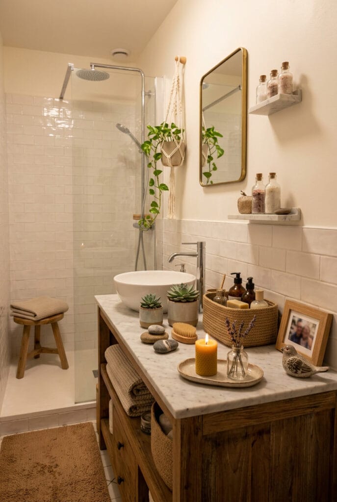 Salle de bain zen chargée de douceur et de petits trésors personnels pour une reconnexion avec soi