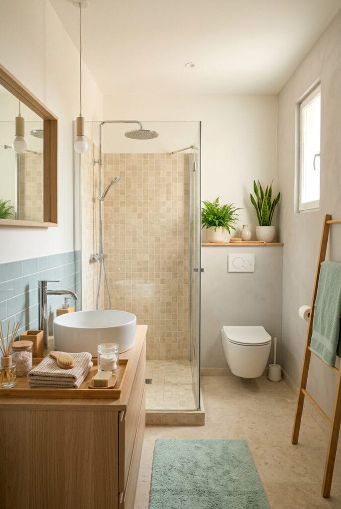 Salle de bain zen avec touches de bleu pâle et vert menthe pour une ambiance naturelle