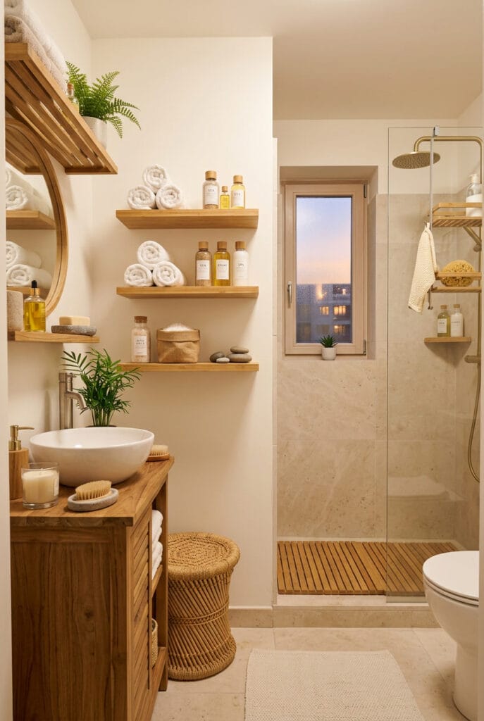 Salle de bain zen avec étagères en teck, bambou et tabouret en rotin