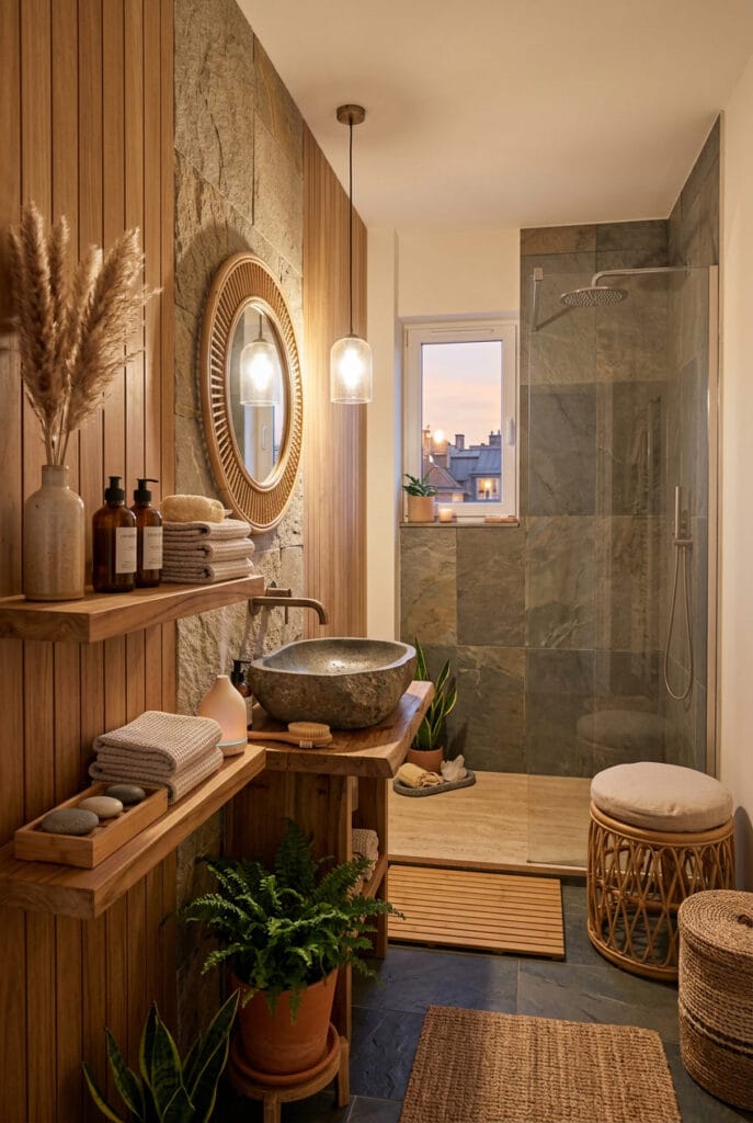 Salle de bain zen en pierre naturelle avec vasque en granit et ambiance spa