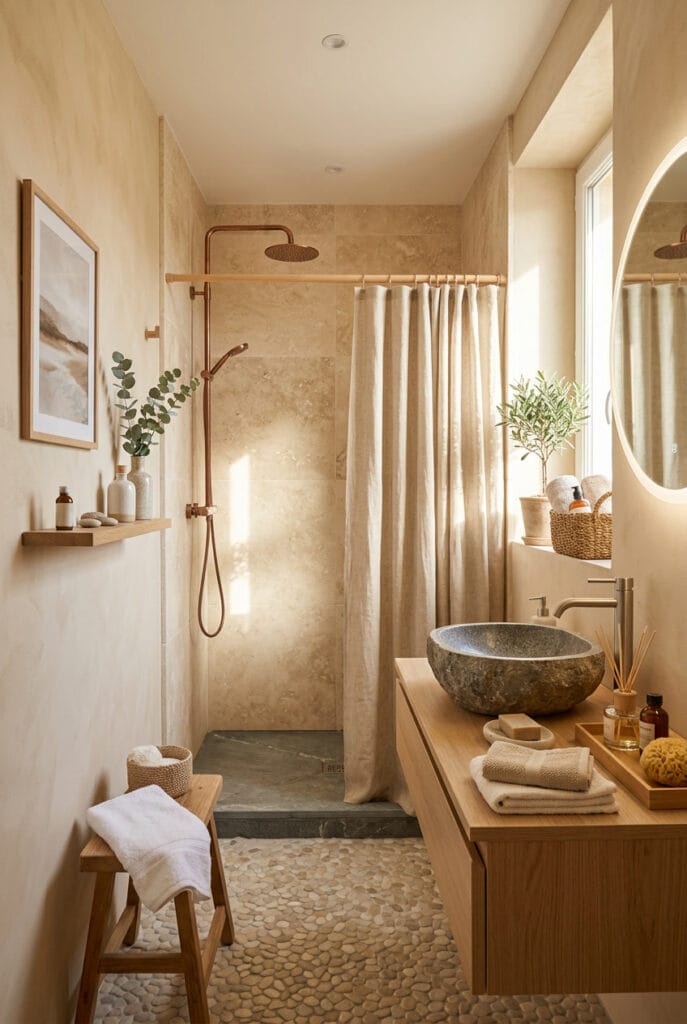 Salle de bain zen avec serviettes en lin bio et rideau de douche en fibres naturelles