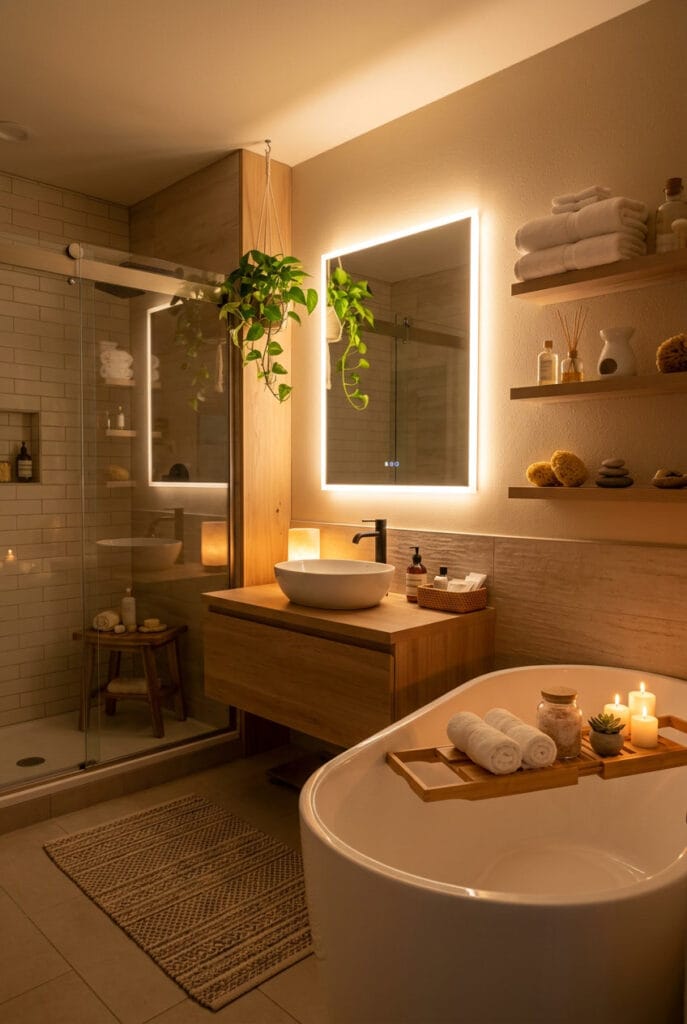 Salle de bain zen avec éclairage doux et tamisé aux tons chauds et enveloppants