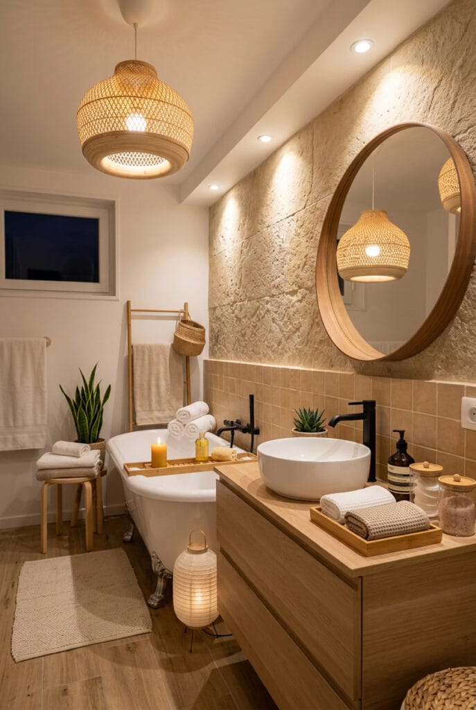 Salle de bain zen avec spots orientables et suspension en papier japonais pour un éclairage indirect