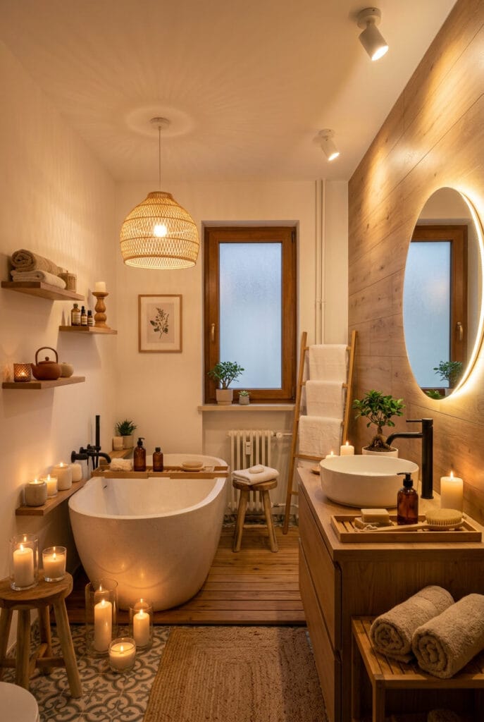 Salle de bain zen avec bougies disposées sur étagère et autour de la baignoire