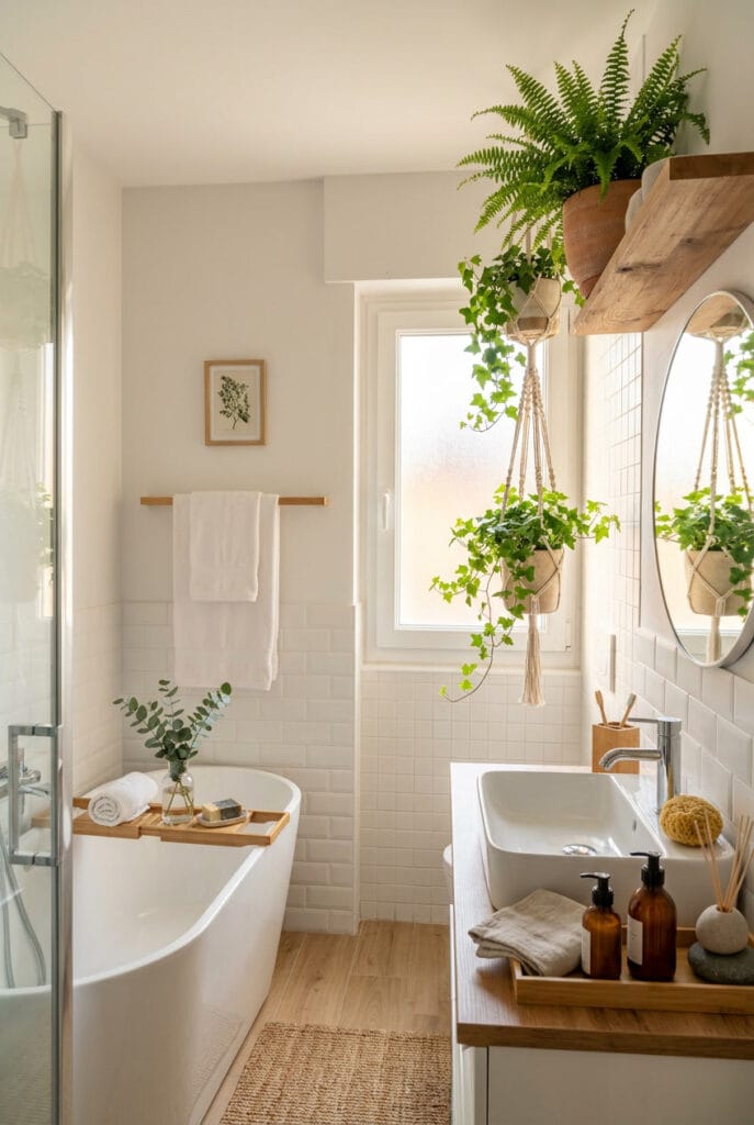 Salle de bain zen avec fougère de Boston et lierre suspendus dans un macramé