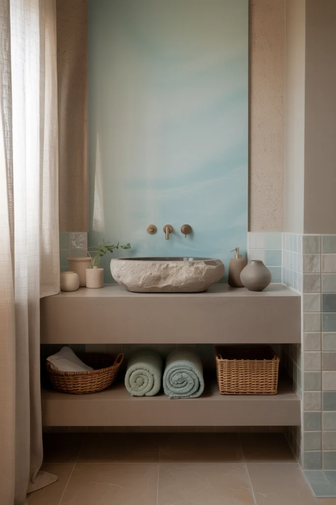 Salle de bain zen aux tons apaisants beige, gris perle et bleu pâle, avec matières naturelles et finitions mates