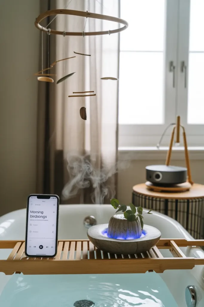 Salle de bain zen avec ambiance sonore apaisante : fontaine d'eau, enceinte étanche et carillon en bambou