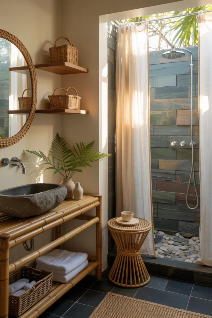 Salle de bain zen avec matériaux naturels : bois de teck, pierre et lin pour une ambiance spa authentique