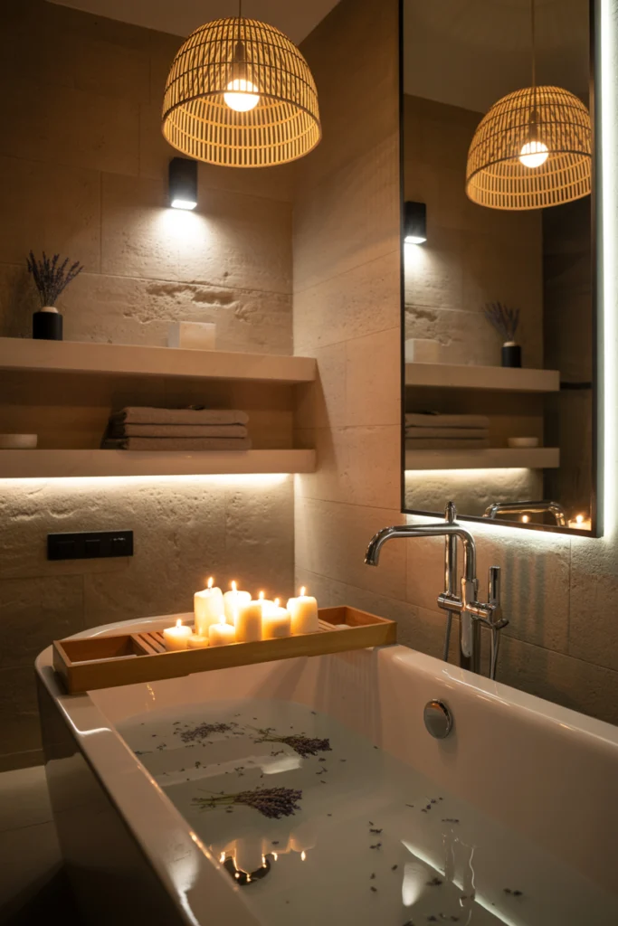 Salle de bain zen avec éclairage tamisé : suspension en rotin, spots orientables et bougies pour une ambiance apaisante