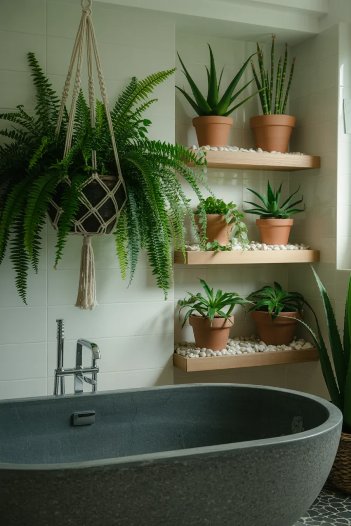 Salle de bain zen avec plantes dépolluantes : fougères, aloe vera et bambou pour une ambiance spa naturelle