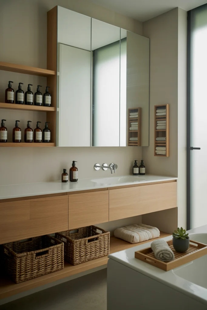 Salle de bain zen minimaliste avec rangements astucieux : étagères flottantes, miroir intégré et paniers en osier