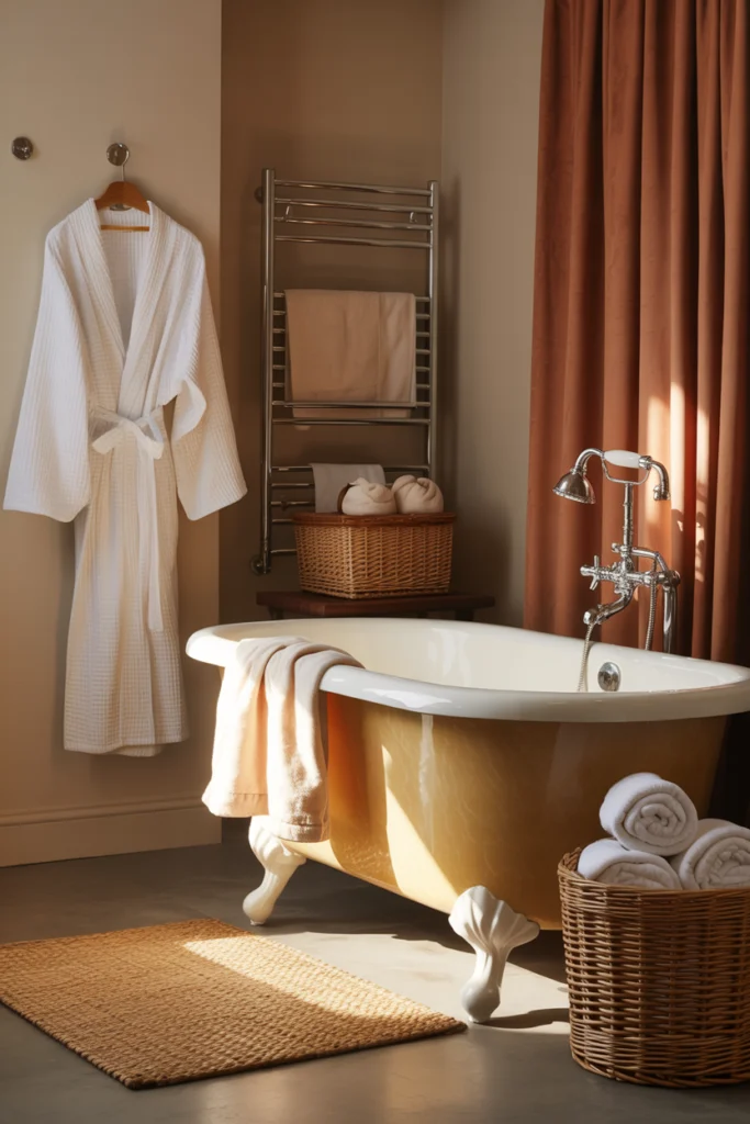 Salle de bain zen avec textures douces : serviettes en bambou, tapis moelleux et peignoir épais pour un confort cosy