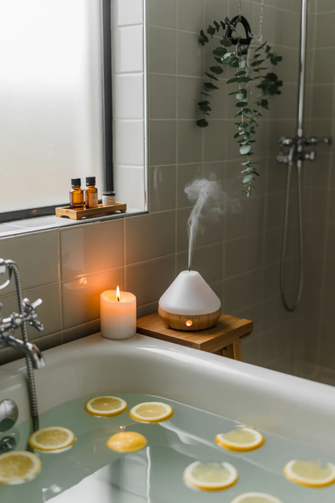 Salle de bain zen avec ambiance parfumée : diffuseur d'huiles essentielles, bouquets de lavande et bougies aromatiques