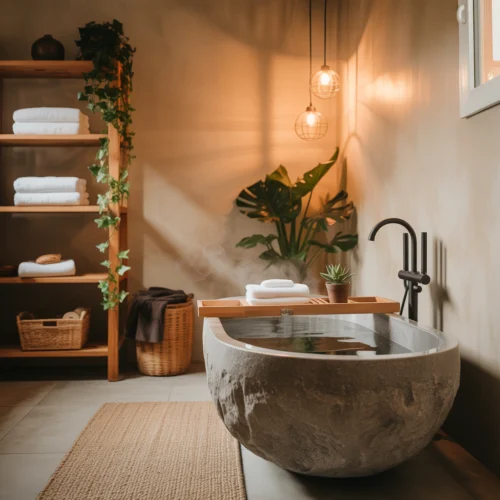 Salle de bain zen avec baignoire en pierre, éclairage doux, plantes vertes et déco naturelle pour une ambiance cosy et apaisante.