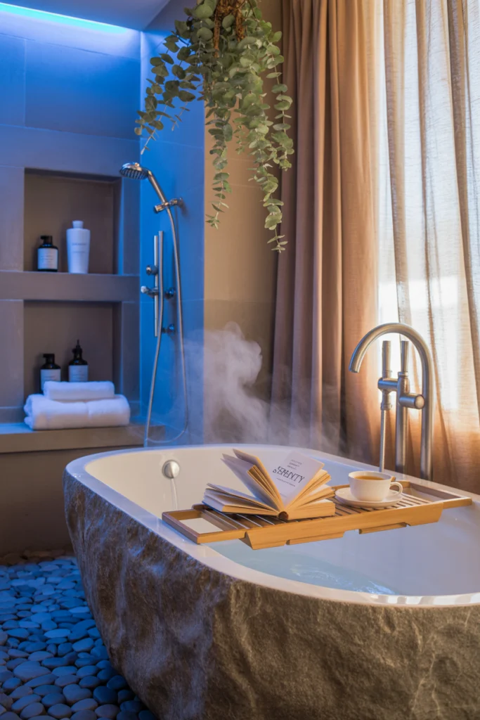 Salle de bain zen spa avec baignoire en pierre, douche à effet pluie et éclairage chromothérapie