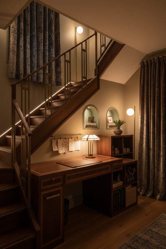 Coin bureau élégant sous escalier dans un appartement duplex au style Art déco en soirée