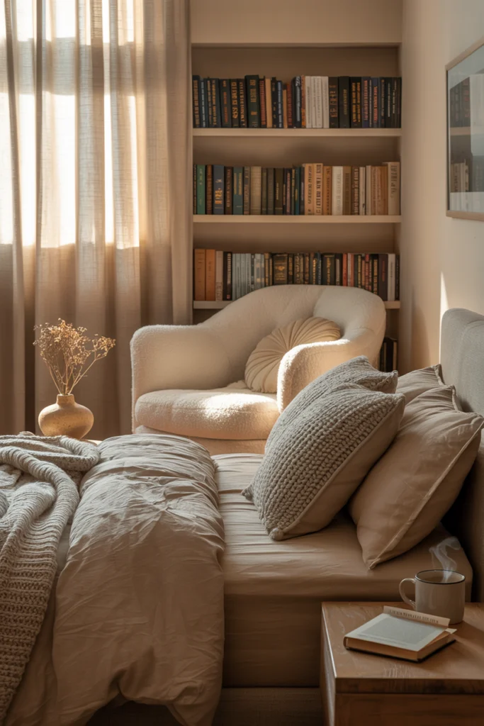 Aménagement chambre avec petit coin lecture et bibliothèque minimaliste