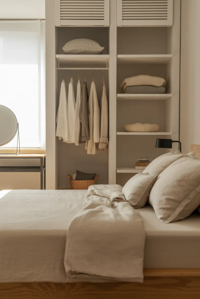 Aménagement chambre avec dressing ouvert minimaliste et rangements pratiques