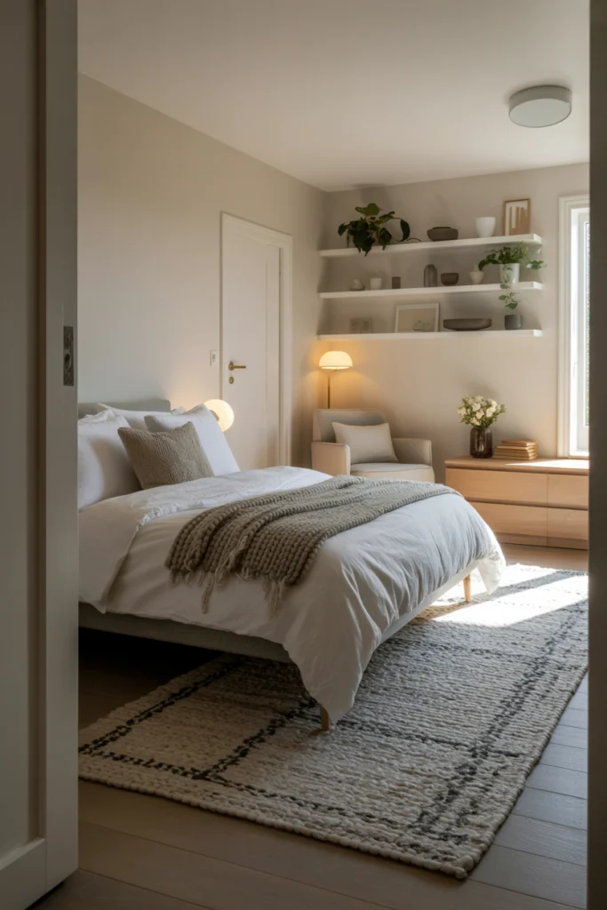 Aménagement chambre style scandinave avec lit positionné à 45 degrés et zones fonctionnelles