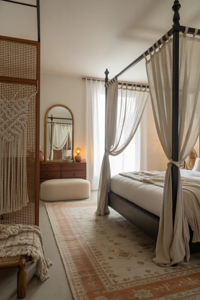 Aménagement chambre bohème avec séparation d'espaces et mobilier à hauteurs variées
