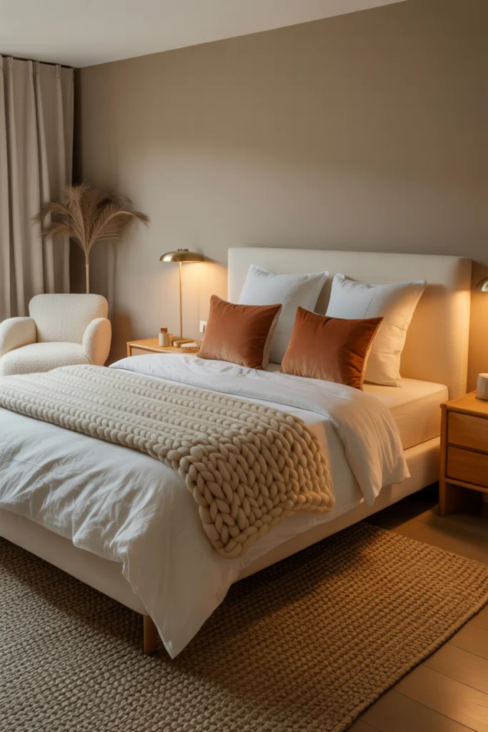Aménagement chambre cosy palette neutre taupe avec accents terracotta