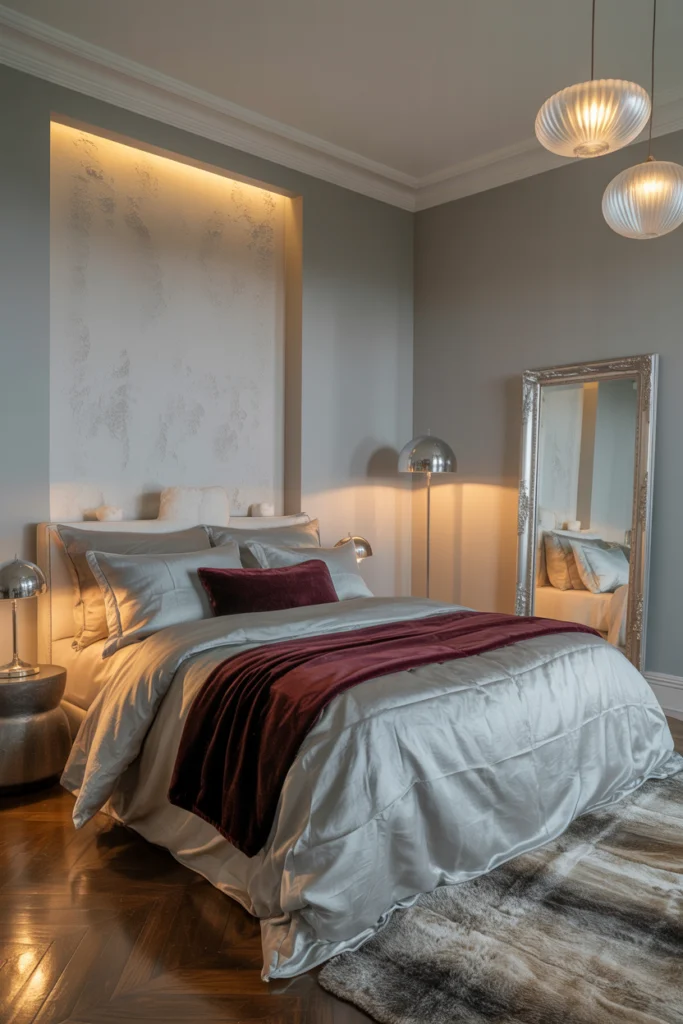 Aménagement chambre épurée gris perle avec touches bordeaux