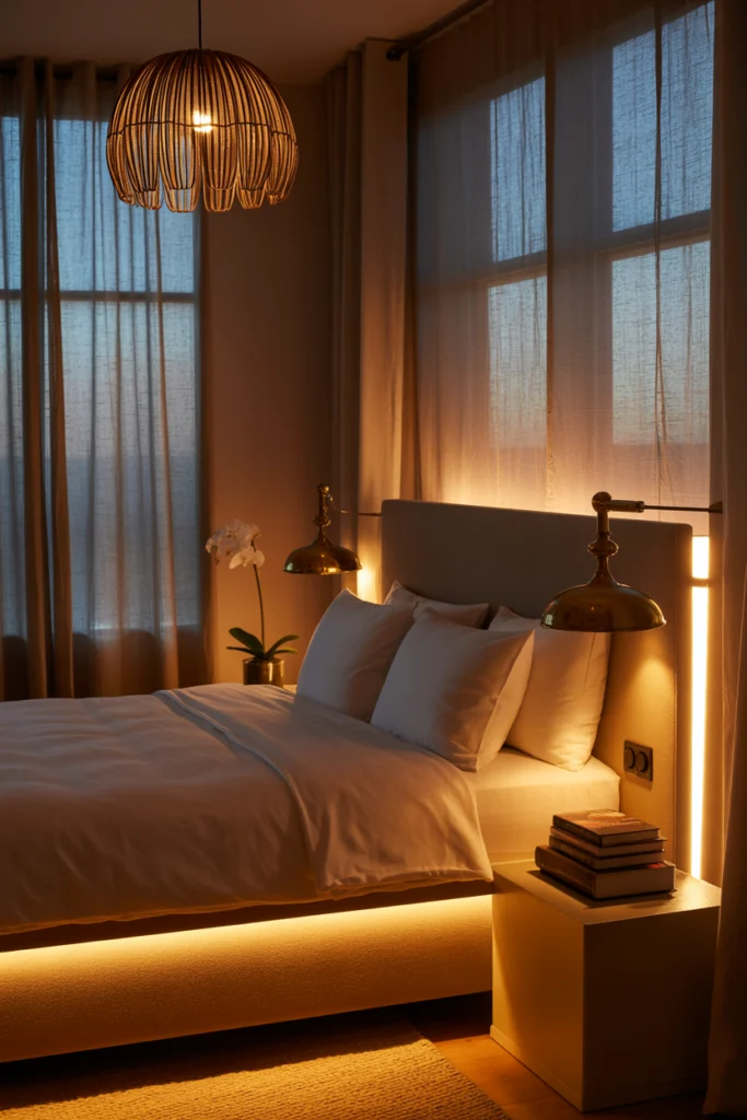 Aménagement chambre avec éclairage trois niveaux et lumière naturelle filtrée