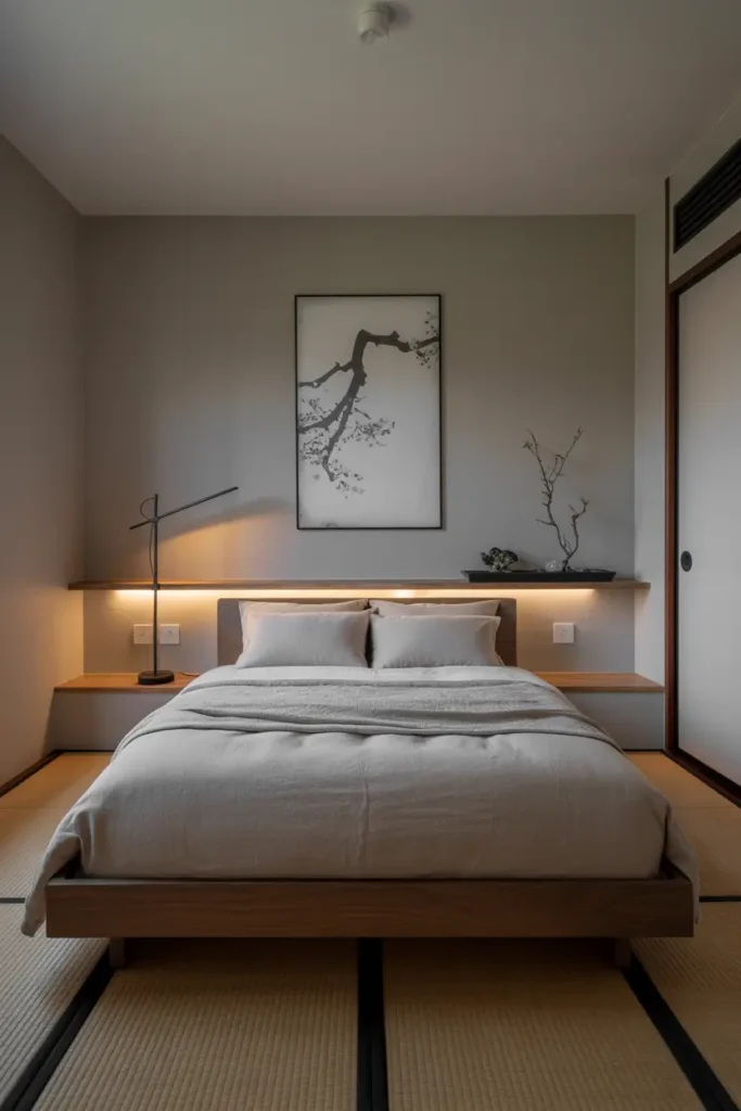 Aménagement chambre épurée inspiration japonaise moderne
