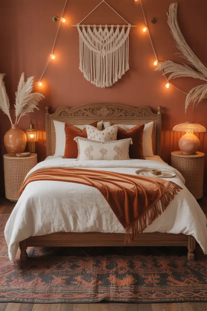 Aménagement chambre bohème chic aux tons terracotta et matières naturelles