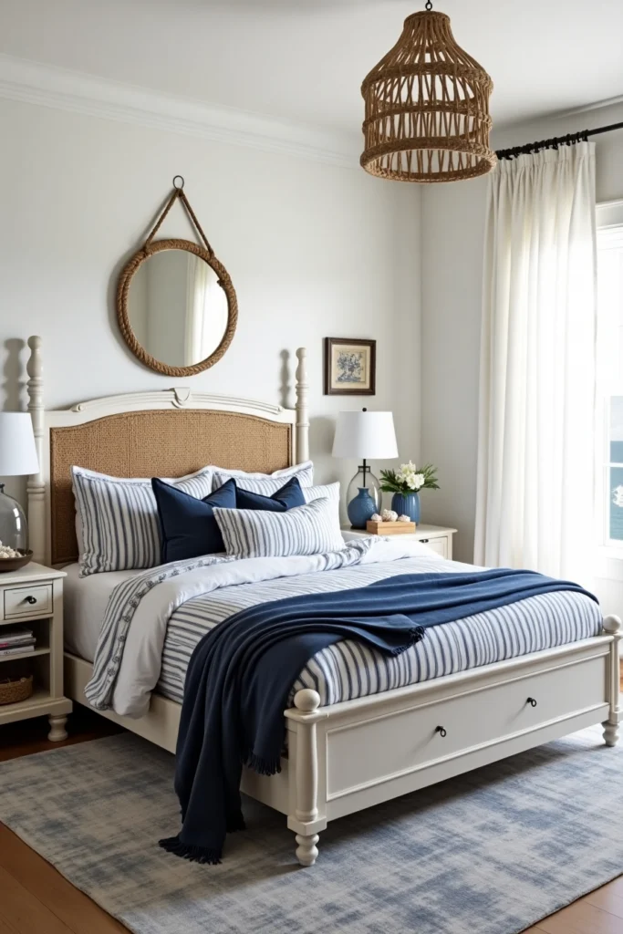Aménagement chambre bohème coastal aux tons bleus et blancs