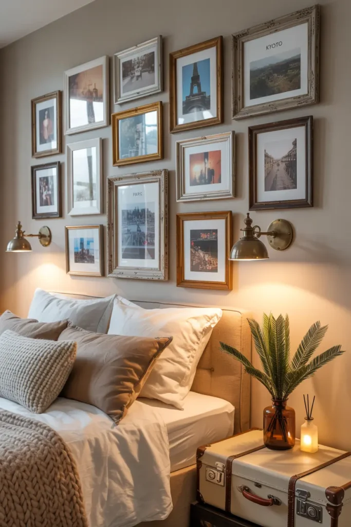 Aménagement chambre avec mur mémoire personnalisé et objets souvenirs
