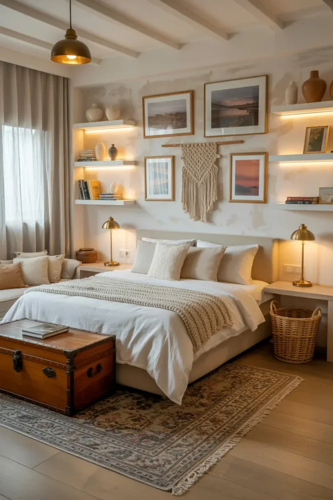 Aménagement chambre bohème chic avec déco personnalisée et rangements élégants