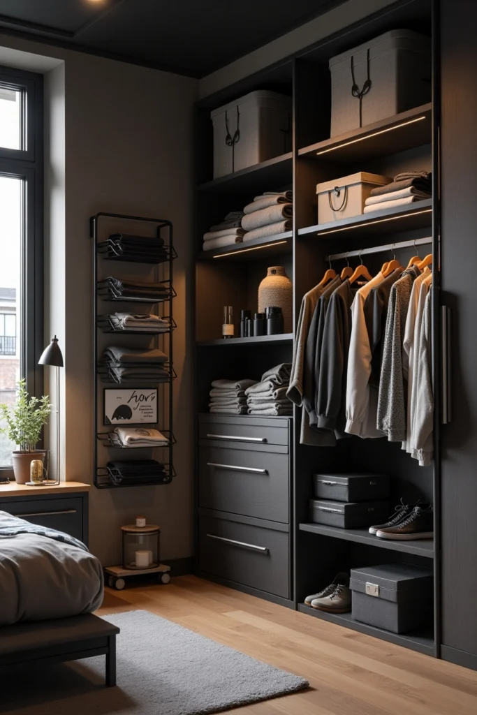 Aménagement chambre industrielle avec rangements verticaux