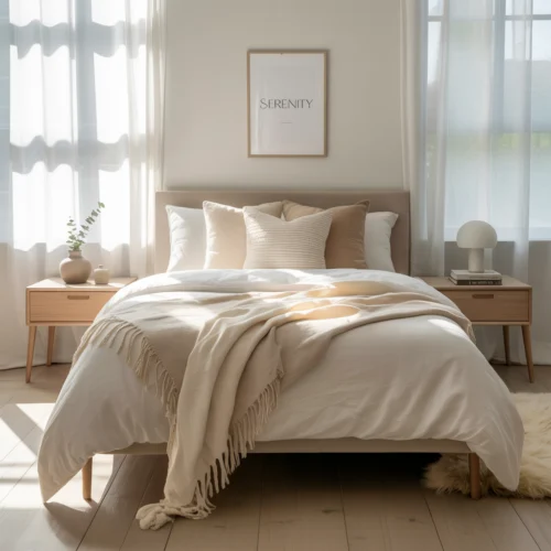 Aménagement chambre épurée et cosy avec lit moelleux, éclairage naturel et déco minimaliste.