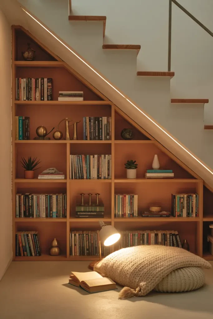 Aménagement sous escalier en bibliothèque intégrée avec éclairage doux et coin lecture