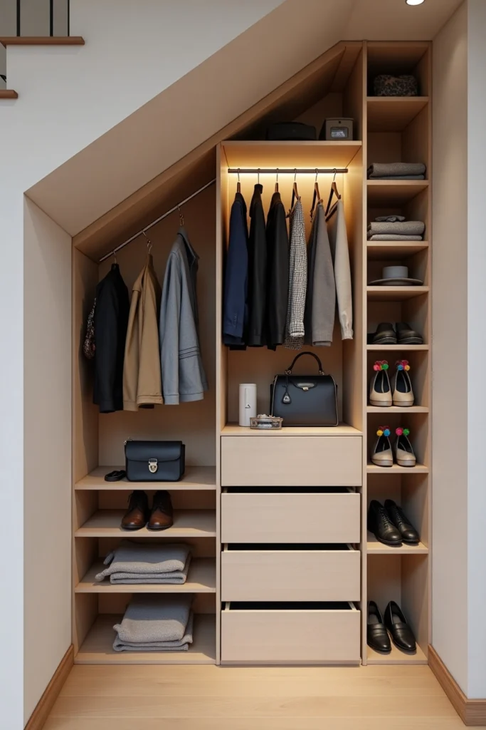 aménagement sous escalier avec dressing caché et fonctionnel, rangement optimisé et éclairage LED