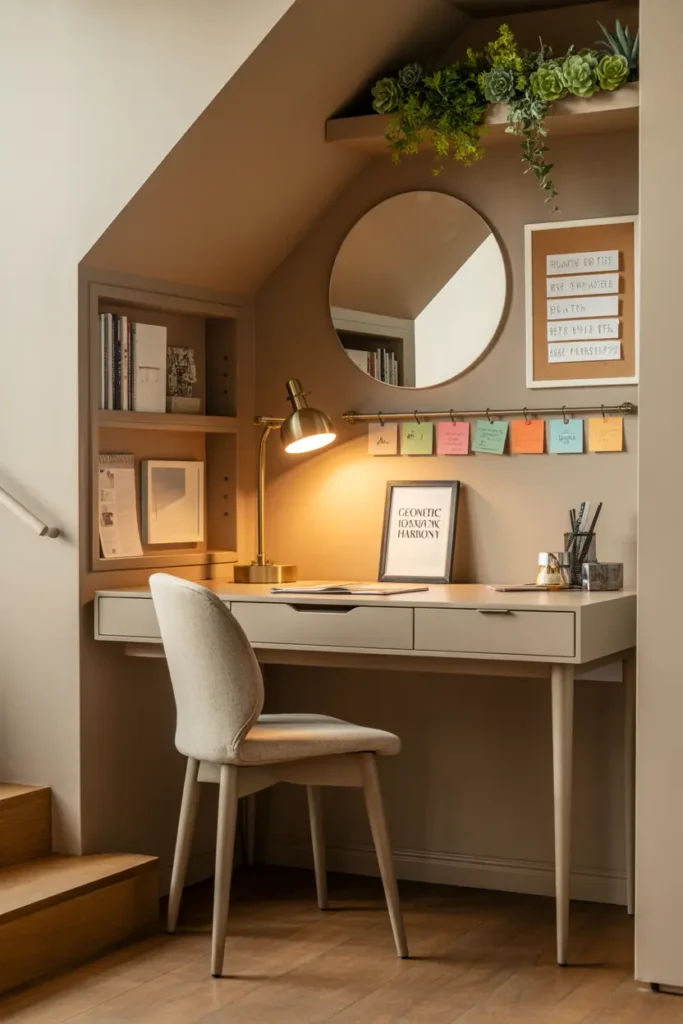 aménagement sous escalier avec coin bureau discret et élégant optimisé avec rangements et lumière douce