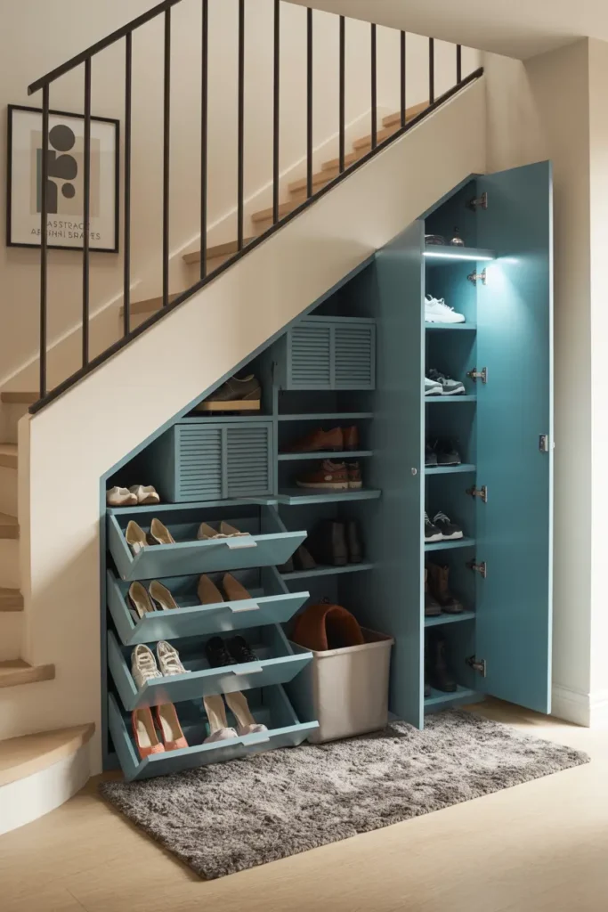 aménagement sous escalier avec rangement malin pour chaussures optimisé avec niches, tiroirs et éclairage LED
