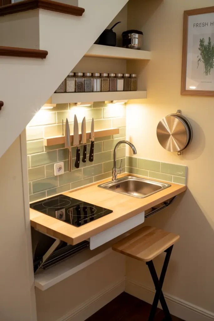 aménagement sous escalier en kitchenette fonctionnelle avec plan pliable, étagères coulissantes et éclairage LED
