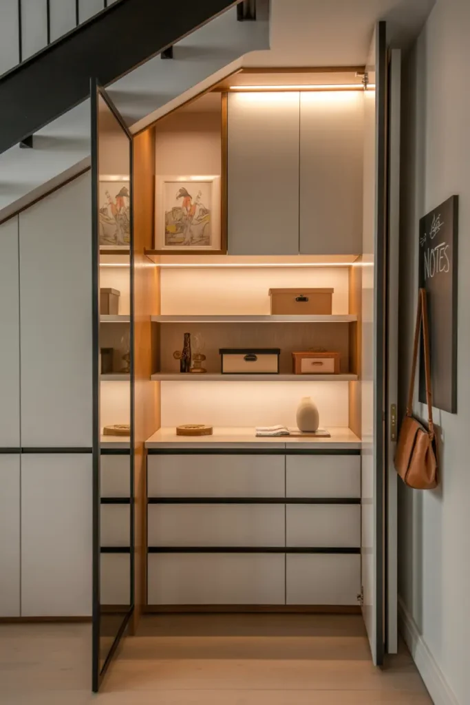 aménagement sous escalier avec cabinets de rangement sur mesure en bois et MDF laqué, portes coulissantes et éclairage intégré