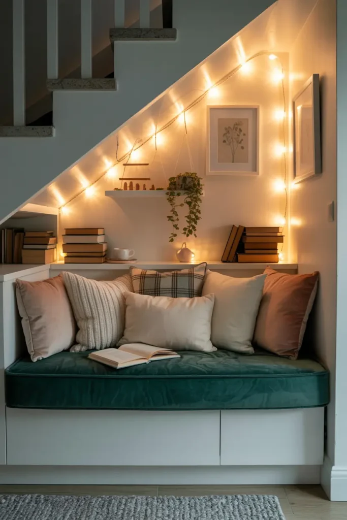 aménagement sous escalier en coin lecture ultra-cosy avec banquette rembourrée, coussins et éclairage tamisé