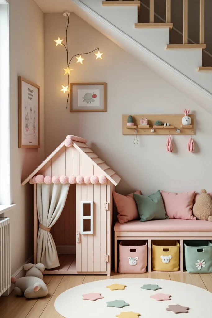 aménagement sous escalier en espace de jeu pour enfants avec cabane féerique, rangements ludiques et déco magique
