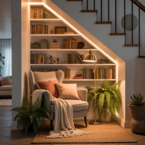 Aménagement sous escalier transformé en coin lecture cosy avec étagères, éclairage chaleureux et coussins moelleux