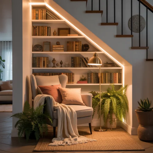 Aménagement sous escalier transformé en coin lecture cosy avec étagères, éclairage chaleureux et coussins moelleux