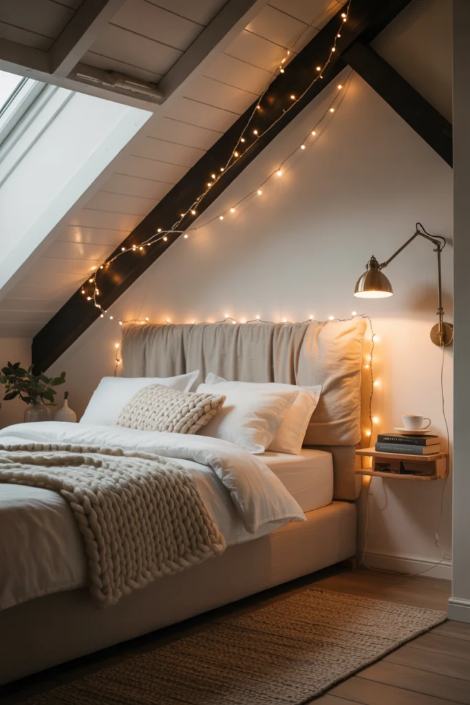 Aménager des combles en chambre cosy avec lit encastré sous les pentes