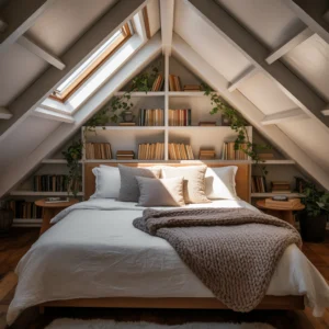 Aménager des combles en chambre douillette avec poutres apparentes, éclairage chaud et rangements astucieux.